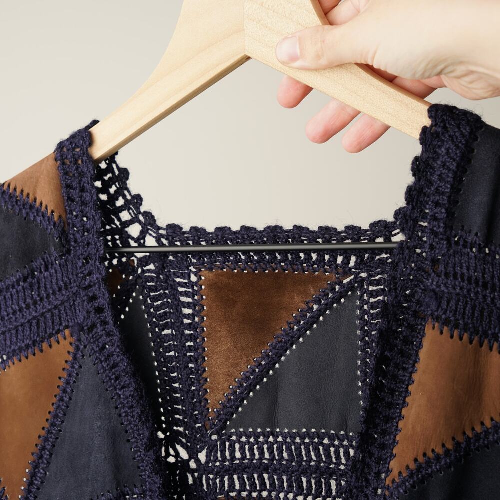Vintage 1970s Suede Crochet Patchwork Vest Wooden Buttons Triangle Sleeveless - Picture 8 of 8